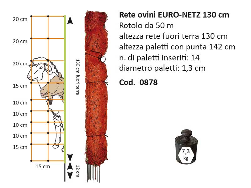 RETE ELETTRIFICATA OVINI ALTEZZA 130 CM EURO-NETZ 50M ARANCIO - 